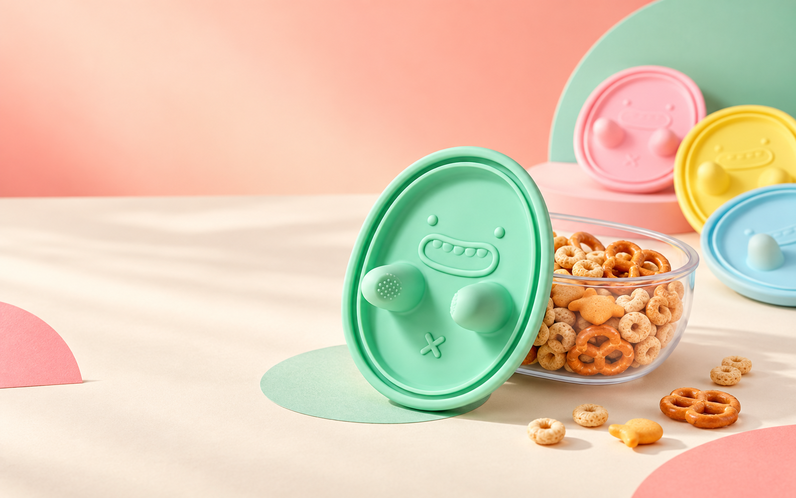 Mint No-Mess Snack Container surrounded by colourful snacks