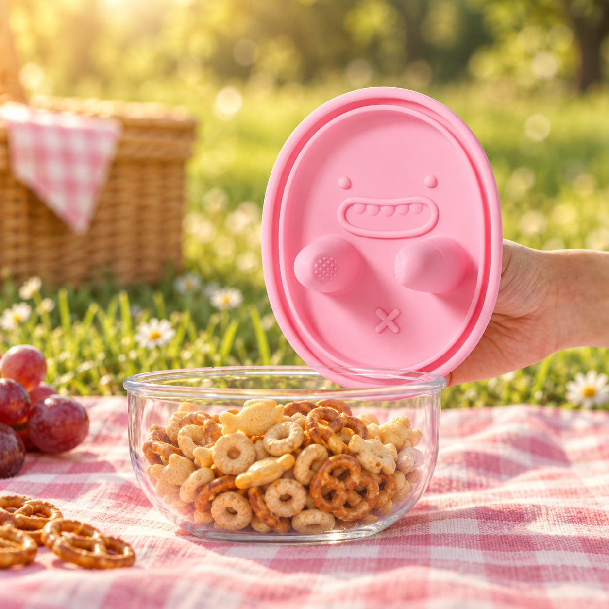 No-Mess Snack Container in a colourful picnic scene